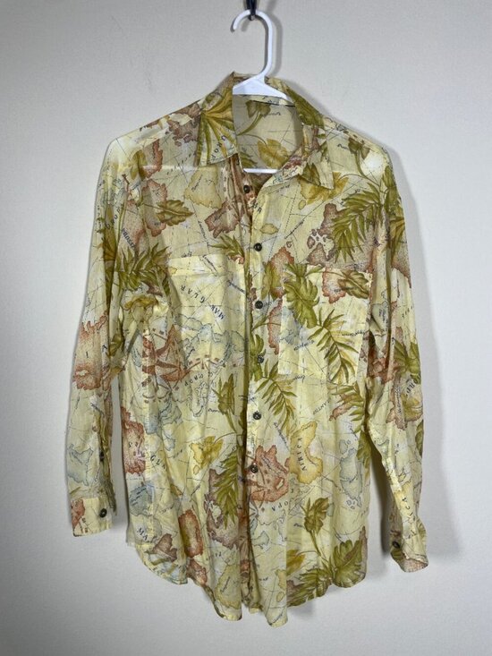 Liz Claiborne Tops - VTG LizWear shirt size M/L sheer World Map print tunic beige long sleeve Cotton!